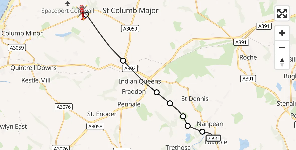 Flight path map showing Air Ambulance Helicopter route from Foxhole to Cornwall Airport Newquay