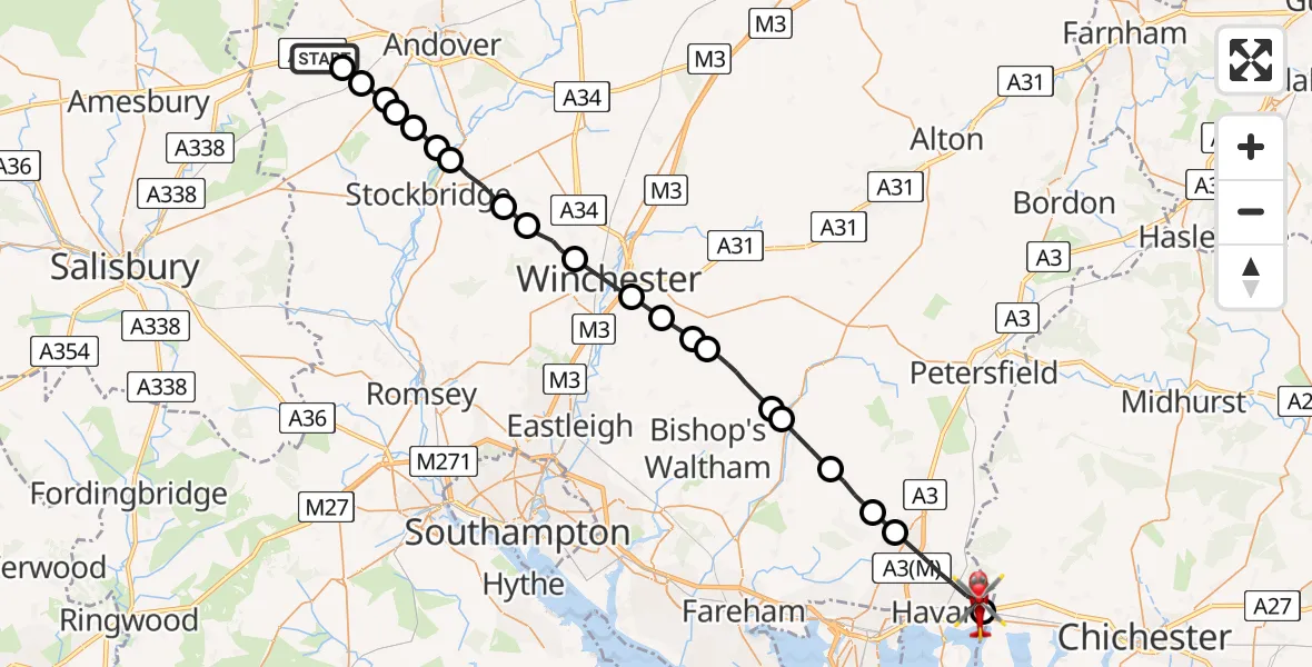Flight path map showing Air Ambulance Helicopter route from Thruxton Aerodrome to Havant