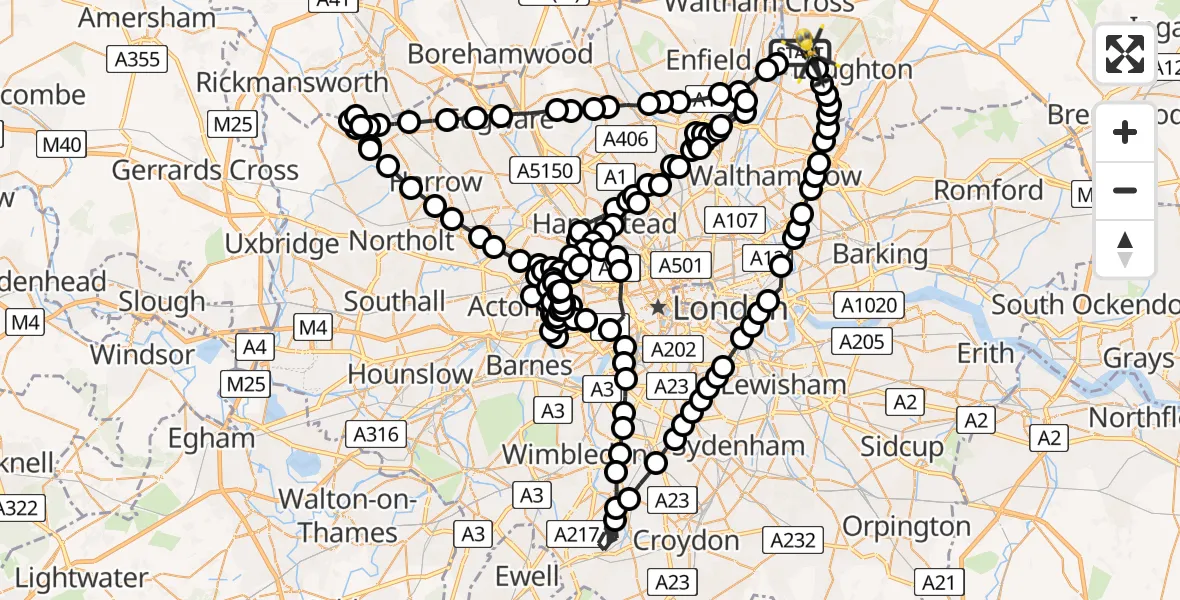 Flight path map showing Police Helicopter route from Sewardstonebury to Metropolitan Police Air Support Unit Lippitts Hill
