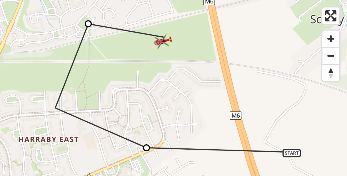 Flight path map showing Air Ambulance Helicopter route from Scotby to Carleton