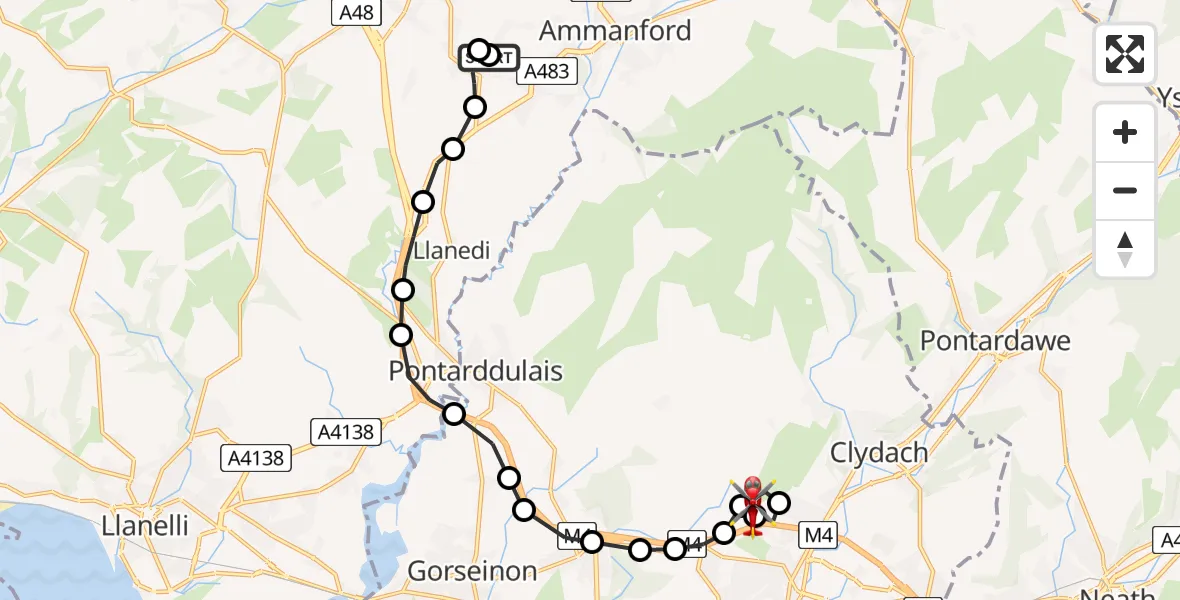 Flight path map showing Air Ambulance Helicopter route from Capel Hendre to Morriston Hospital Helipad