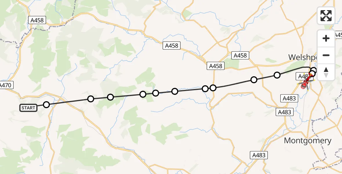 Flight path map showing Air Ambulance Helicopter route from Comins-coch / Commins Coch to Welshpool Airport