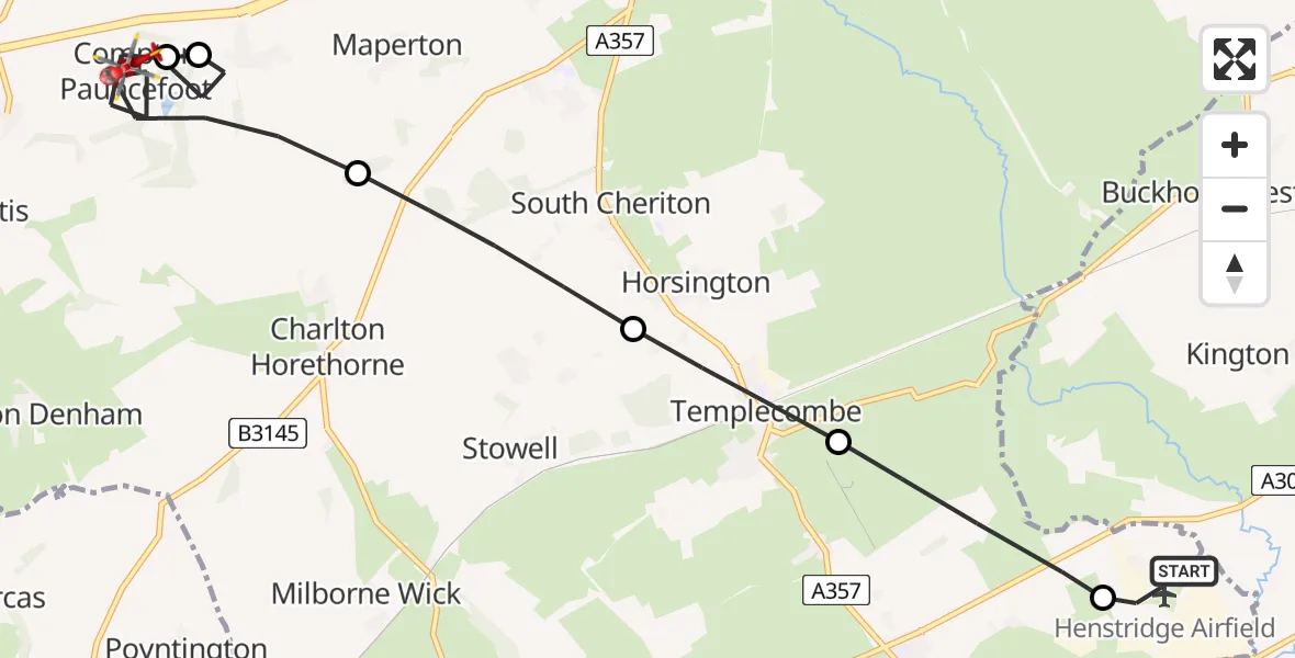 Flight path map showing Air Ambulance Helicopter route from Henstridge Airfield to Blackford