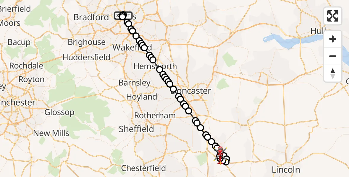 Flight path map showing Air Ambulance Helicopter route from Woodhouse to Retford Gamston Airport