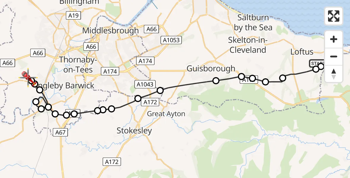 Flight path map showing Air Ambulance Helicopter route from Loftus to Aislaby
