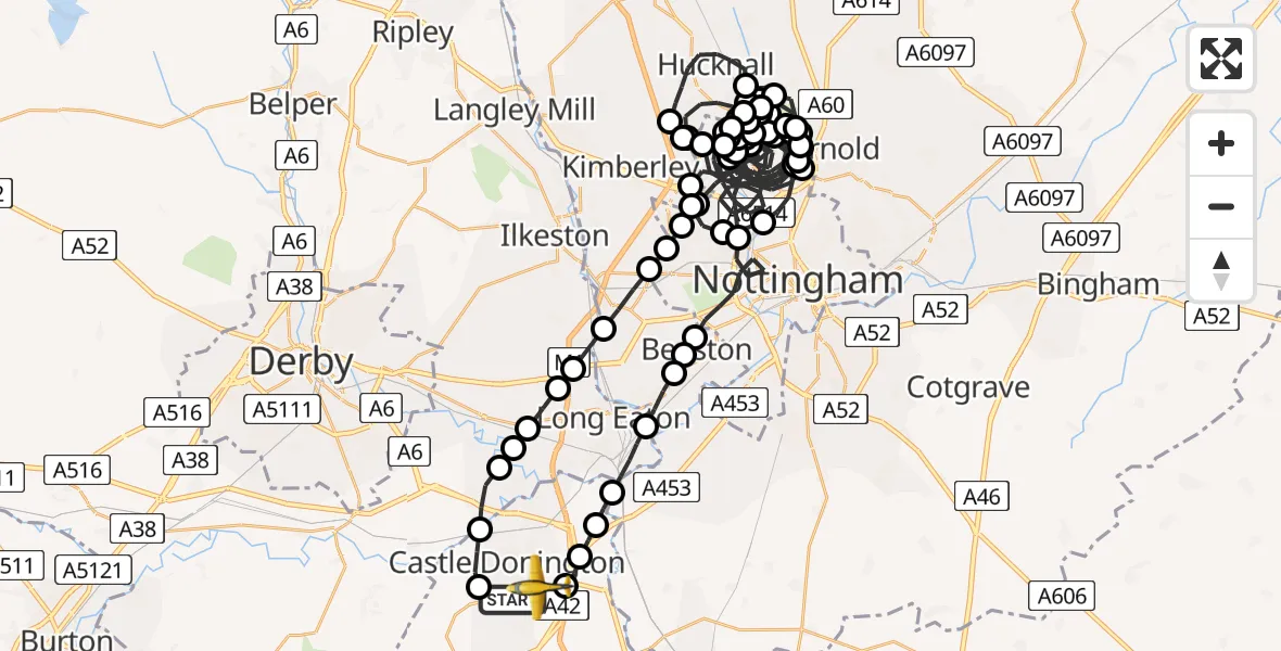 Flight path map showing Police Aircraft route from East Midlands Airport to East Midlands Airport