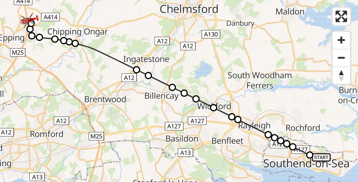 Flight path map showing Air Ambulance Helicopter route from Southchurch to North Weald Airfield