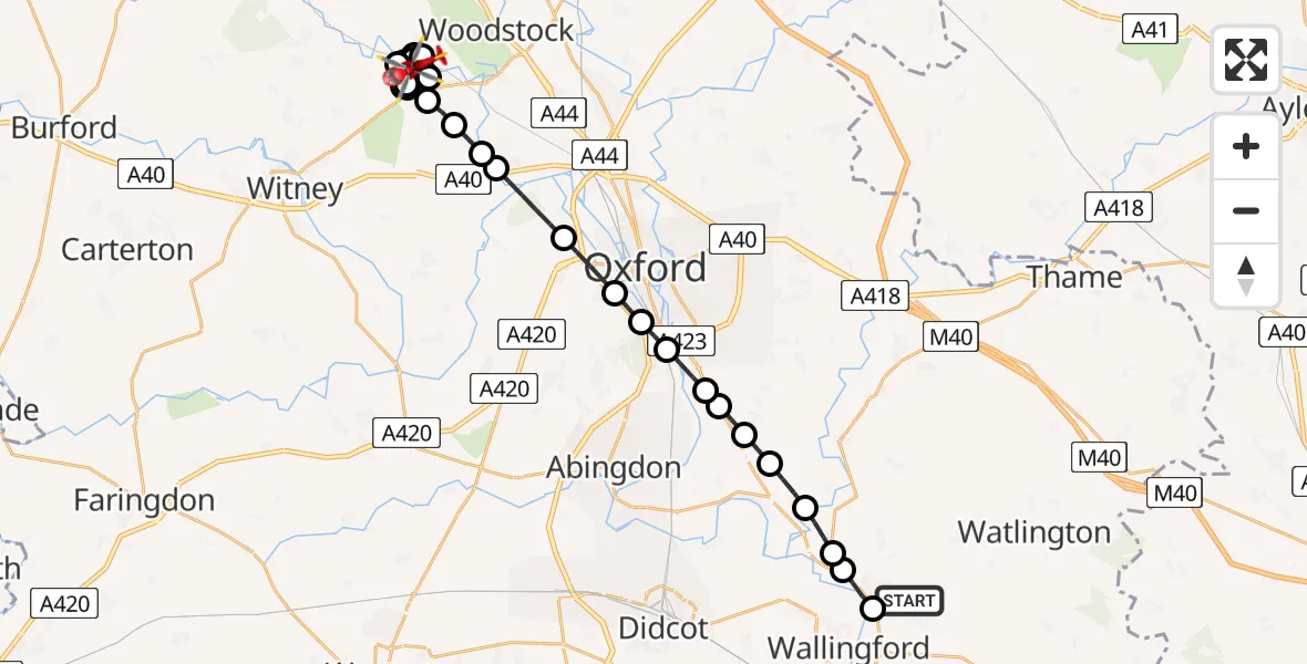 Flight path map showing Air Ambulance Helicopter route from RAF Benson to Combe