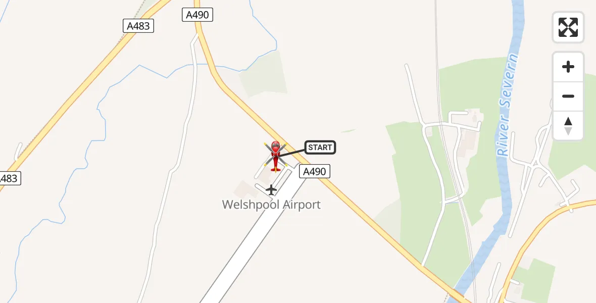 Flight path map showing Air Ambulance Helicopter route from Welshpool Airport to Welshpool Airport