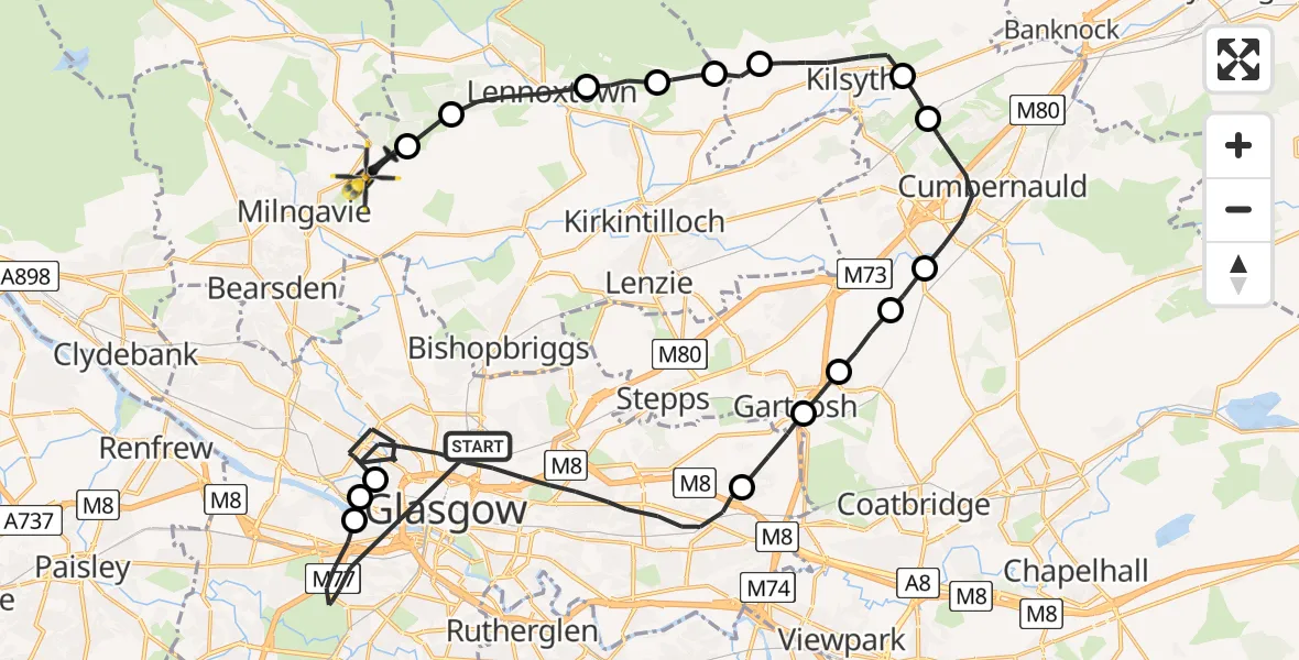 Flight path map showing Police Helicopter route from Glasgow to Milngavie
