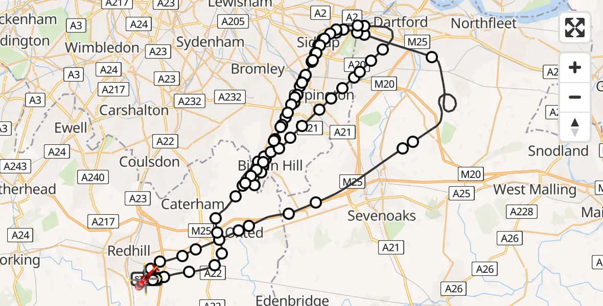 Flight path map showing Air Ambulance Helicopter route from Redhill Aerodrome to Redhill Aerodrome