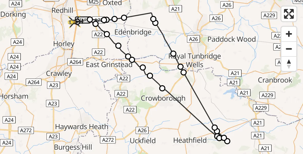 Flight path map showing Police Helicopter route from Tandridge to South Nutfield