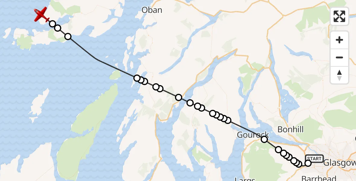 Flight path map showing Air Ambulance Aircraft route from Glasgow Airport to Inner Seas