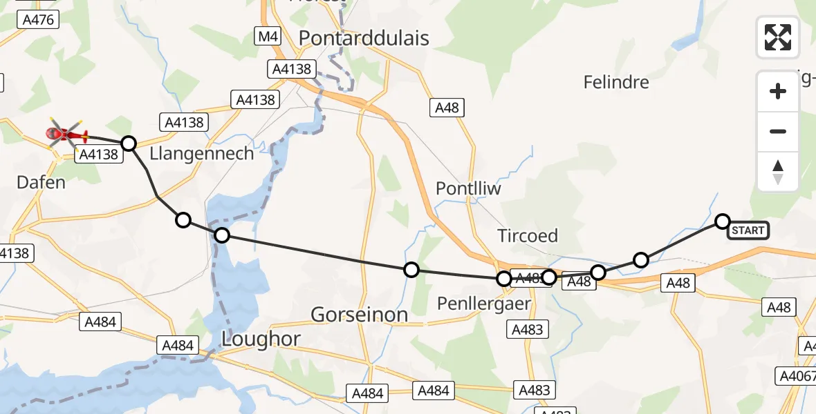 Flight path map showing Air Ambulance Helicopter route from Morriston Hospital Helipad to Dafen