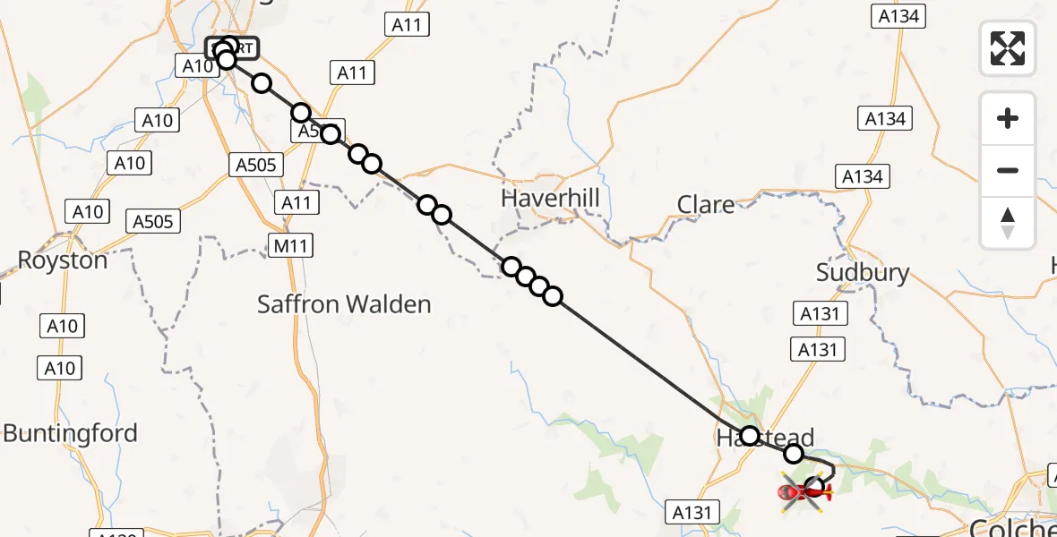 Flight path map showing Air Ambulance Helicopter route from Papworth Hospital to Earls Colne Airfield