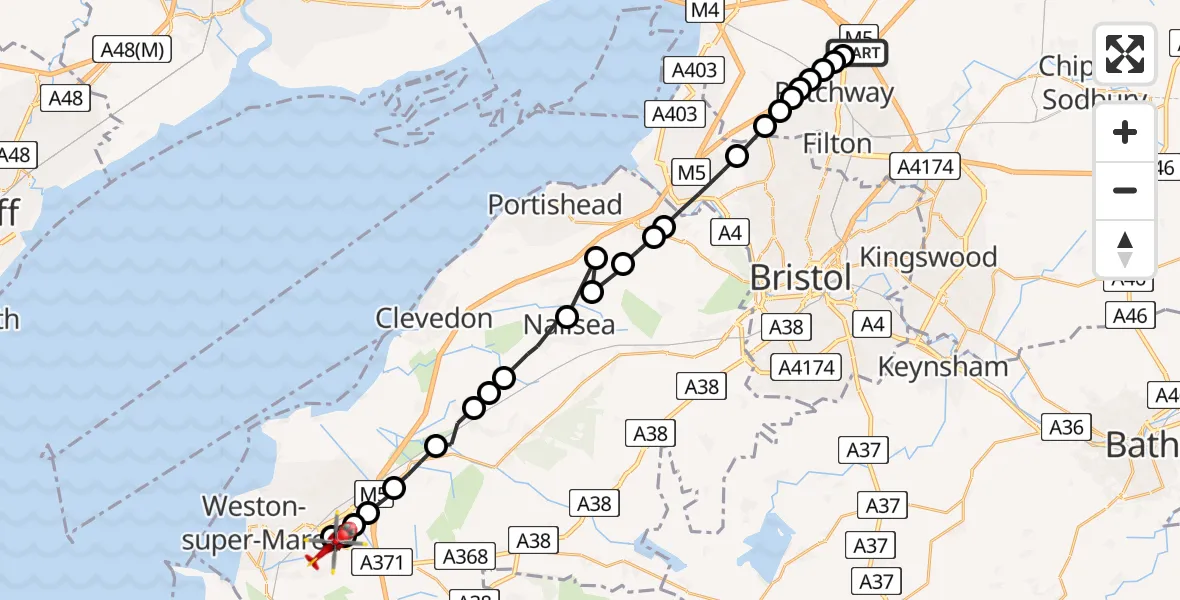 Flight path map showing Air Ambulance Helicopter route from Almondsbury Helicopter Base to Locking Parklands