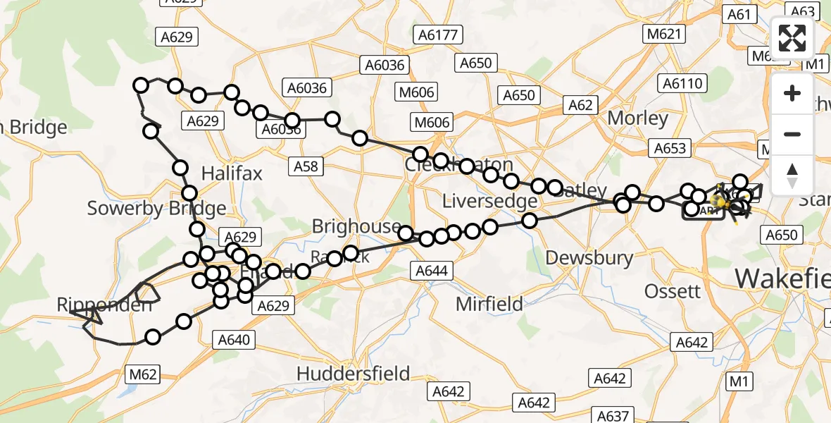 Flight path map showing Police Helicopter route from East Ardsley to Brandy Carr