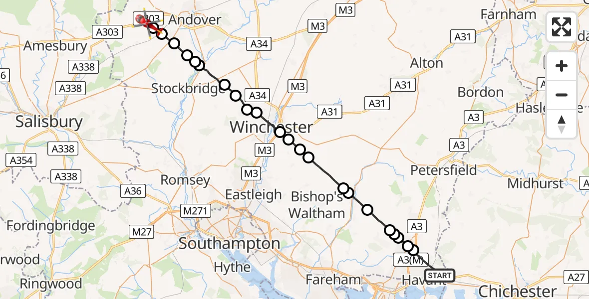 Flight path map showing Air Ambulance Helicopter route from Havant to Amport