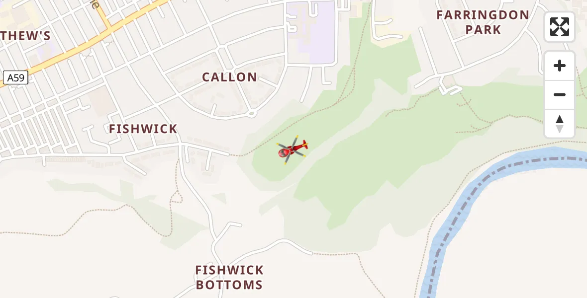 Flight path map showing Air Ambulance Helicopter route from Preston to Preston