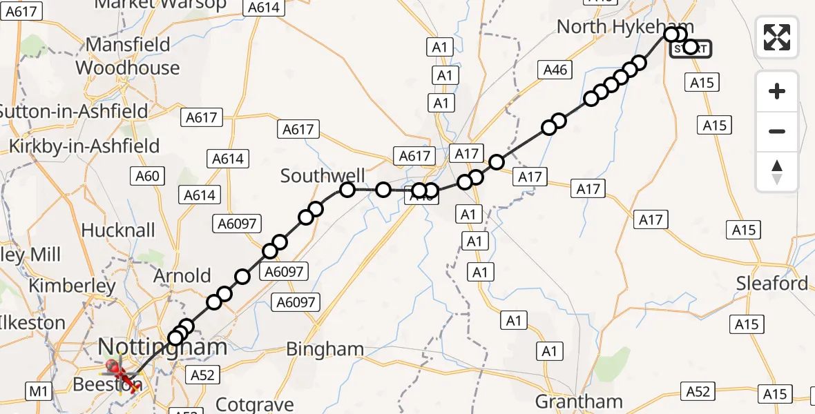 Flight path map showing Air Ambulance Helicopter route from RAF Waddington to City of Nottingham