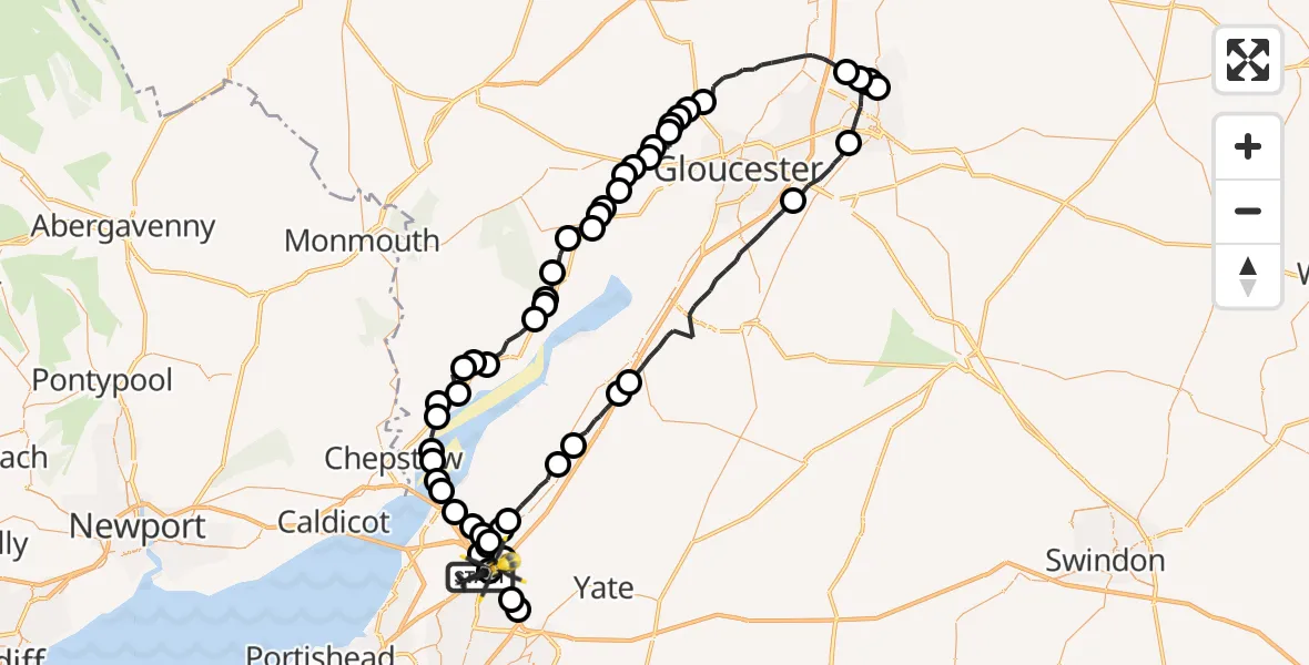 Flight path map showing Police Helicopter route from Almondsbury to Almondsbury Helicopter Base