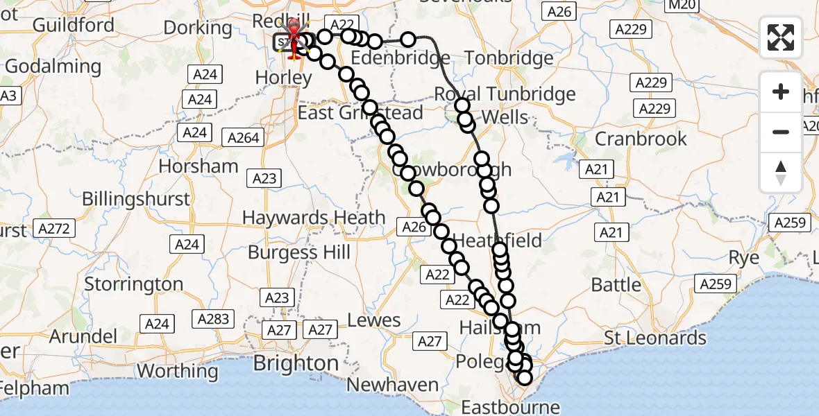 Flight path map showing Air Ambulance Helicopter route from Redhill Aerodrome to Redhill Aerodrome