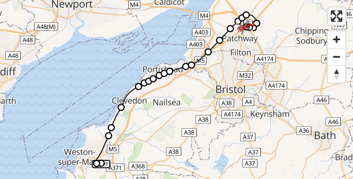 Flight route Air Ambulance Helicopter Weston-super-Mare - Almondsbury Helicopter Base, 18 April 2026, 16:20