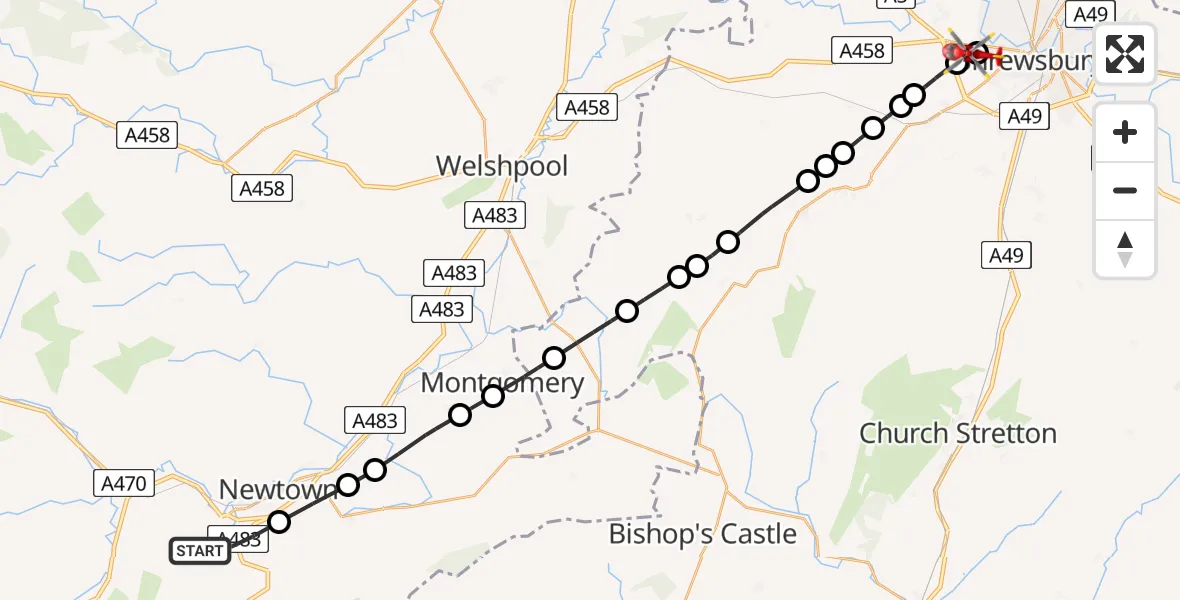 Flight path map showing Air Ambulance Helicopter route from Stepaside to Shrewsbury Royal Hospital