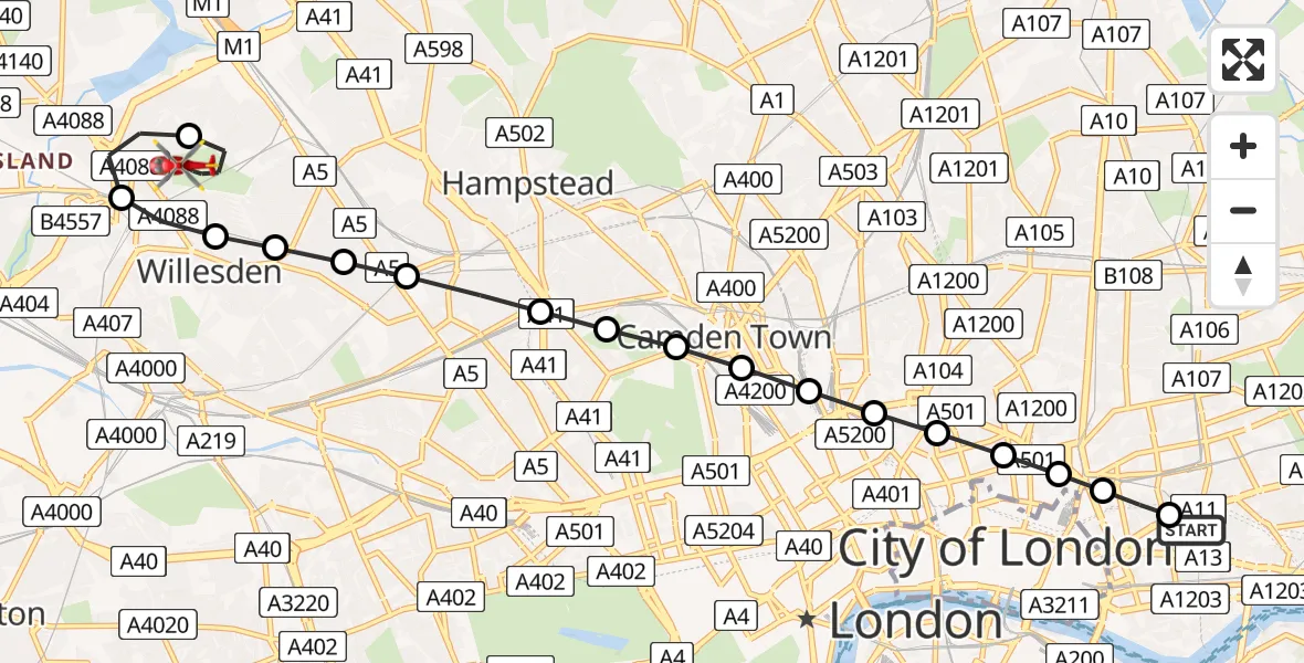 Flight path map showing Air Ambulance Helicopter route from Royal London Hospital to Dollis Hill