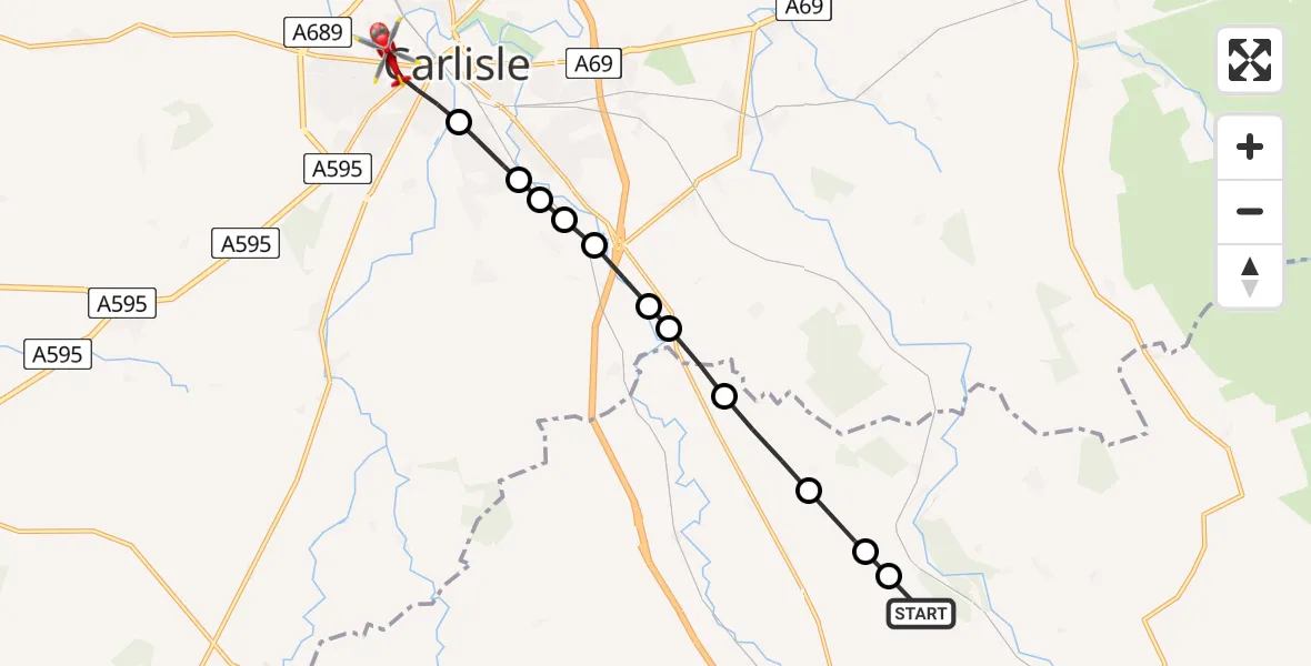 Flight path map showing Air Ambulance Helicopter route from Lazonby to Carlisle General
