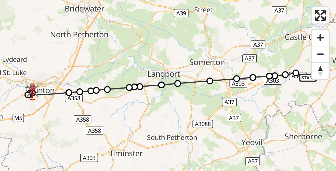 Flight path map showing Air Ambulance Helicopter route from Blackford to Musgrove Hospital