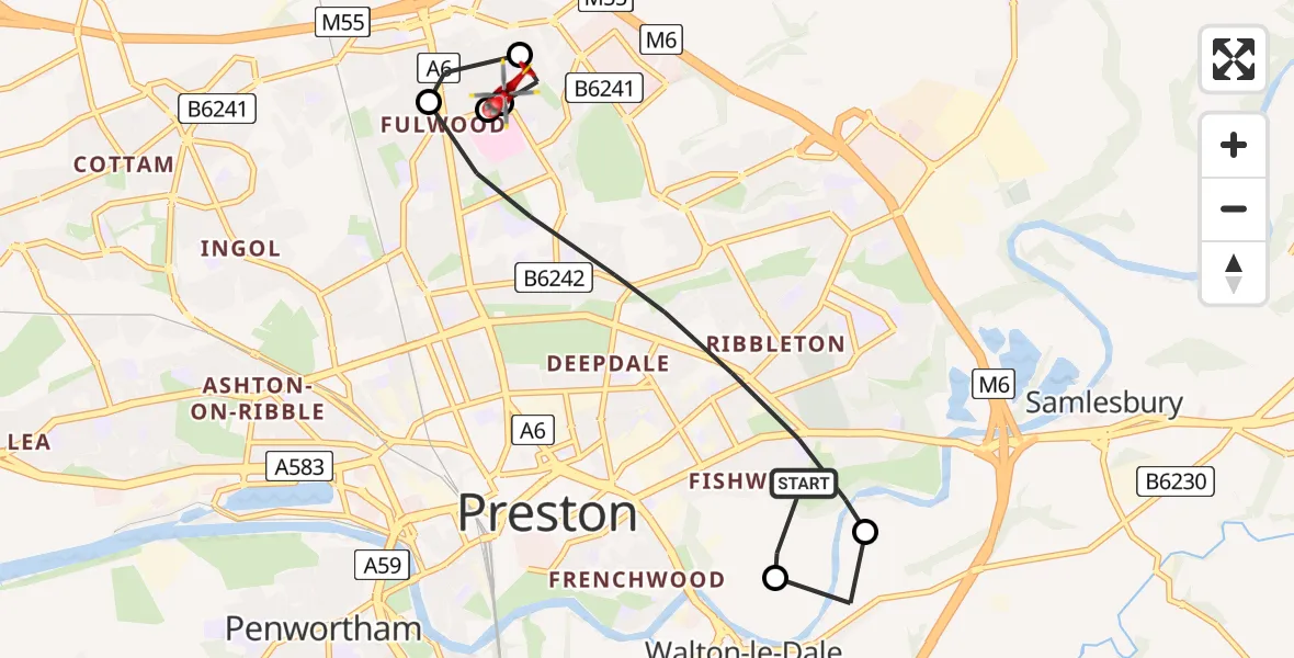 Flight path map showing Air Ambulance Helicopter route from Preston to Preston