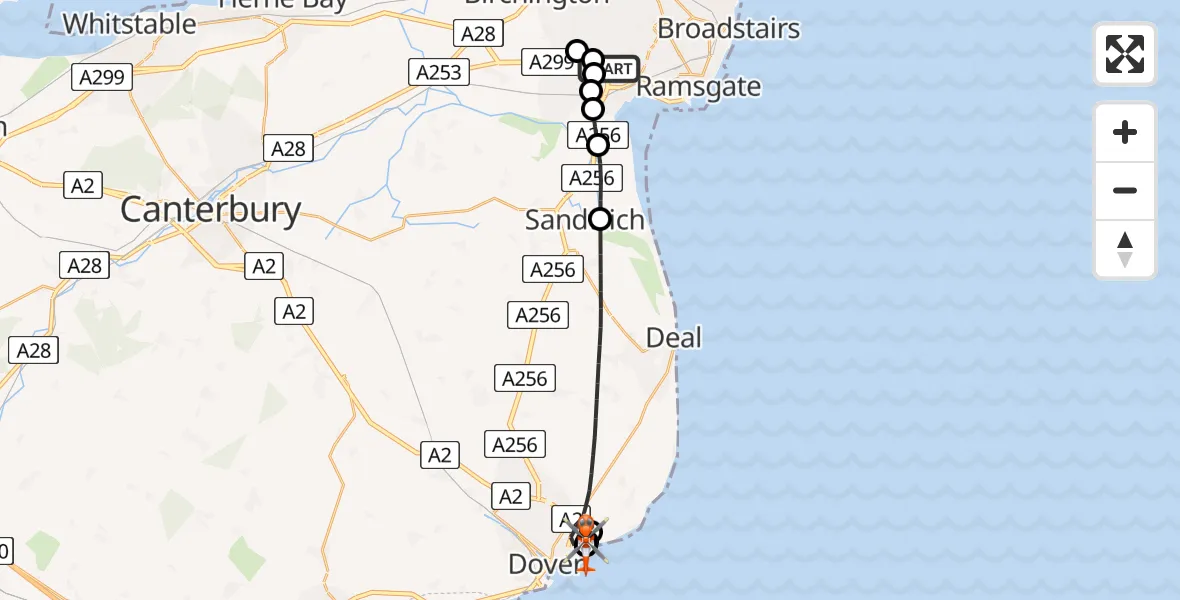 Flight path map showing Coastguard Helicopter route from Manston Airport to Langdon Battery Heliport