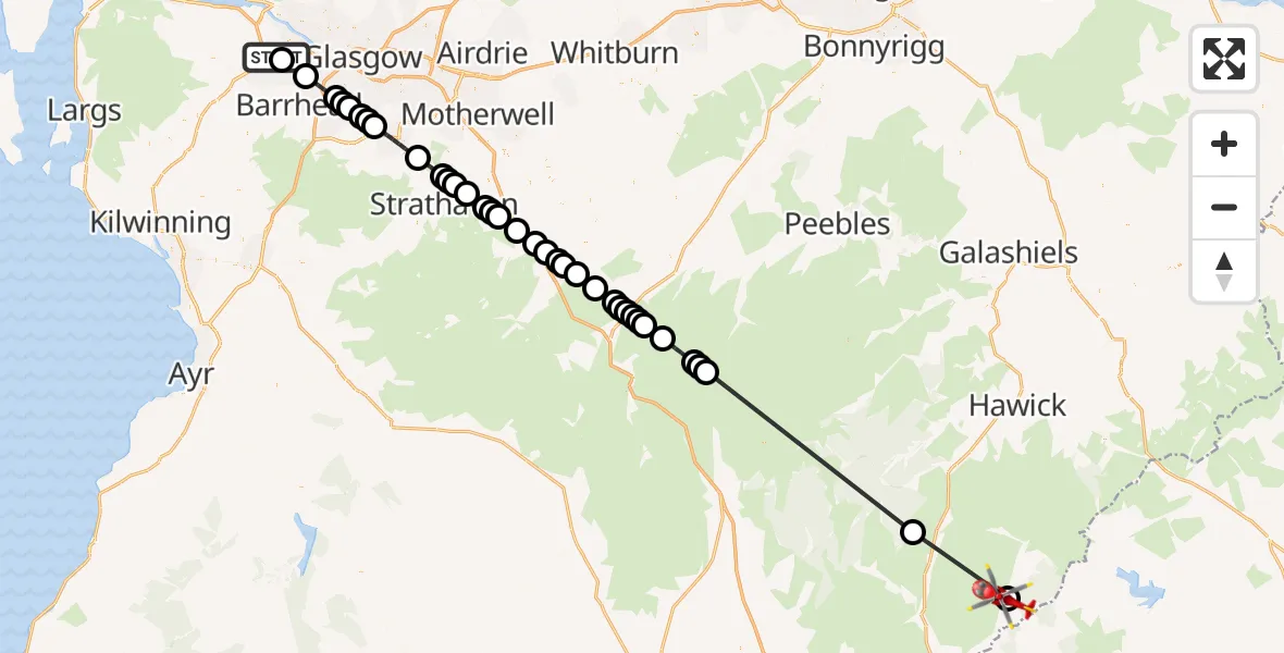 Flight path map showing Air Ambulance Helicopter route from Glasgow Airport to Newcastleton
