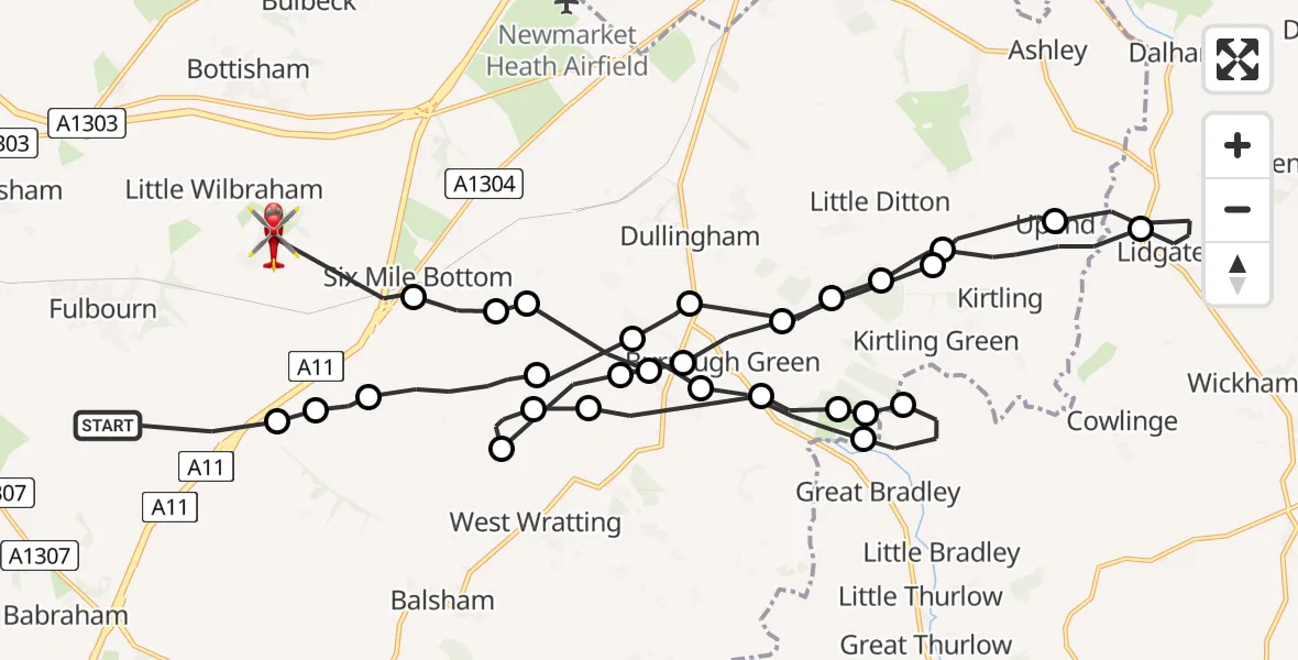 Flight path map showing Air Ambulance Helicopter route from Fulbourn to Great Wilbraham