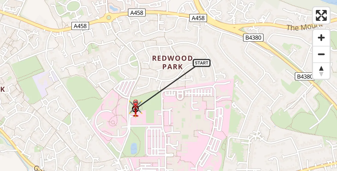 Flight path map showing Air Ambulance Helicopter route from Shrewsbury Royal Hospital to Shrewsbury