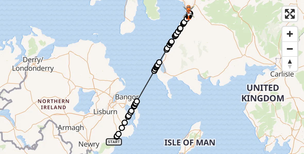Flight path map showing Coastguard Helicopter route from Newcastle to Glasgow Prestwick Airport