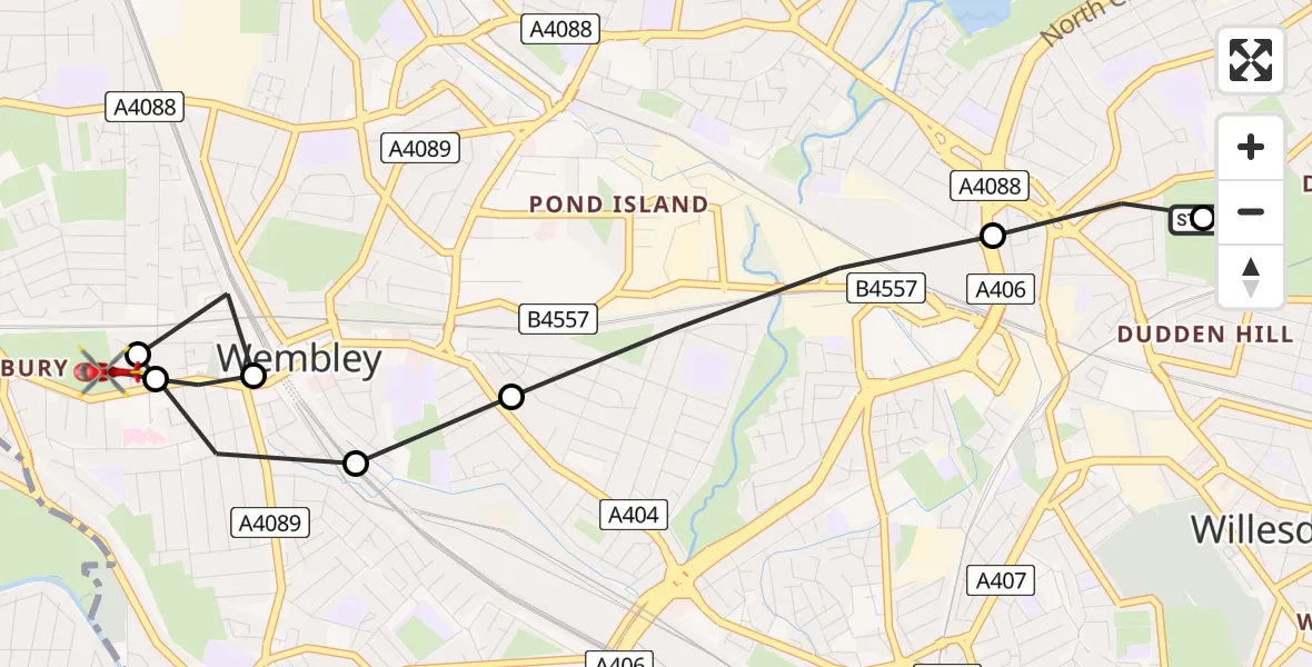 Flight path map showing Air Ambulance Helicopter route from Dollis Hill to Sudbury