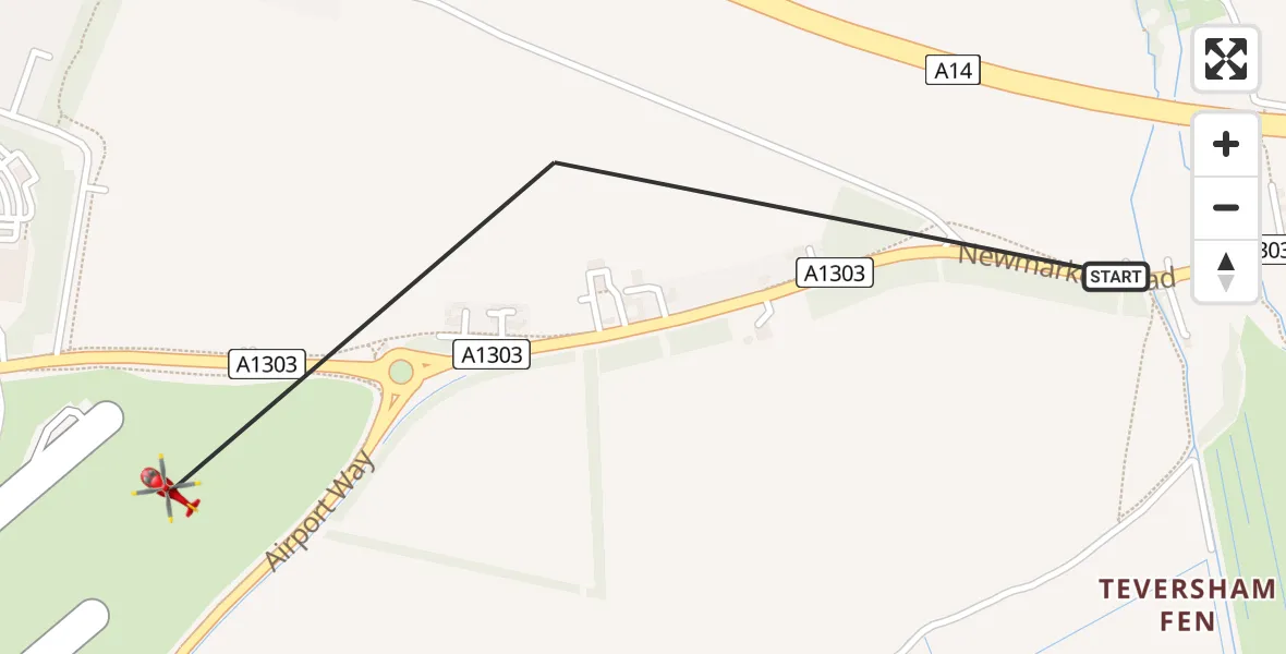 Flight path map showing Air Ambulance Helicopter route from Fen Ditton to Cambridge City Airport