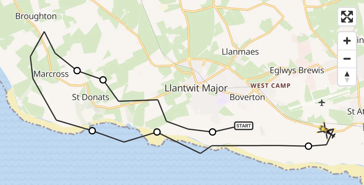 Flight path map showing Police Helicopter route from Boverton to MOD St Athan