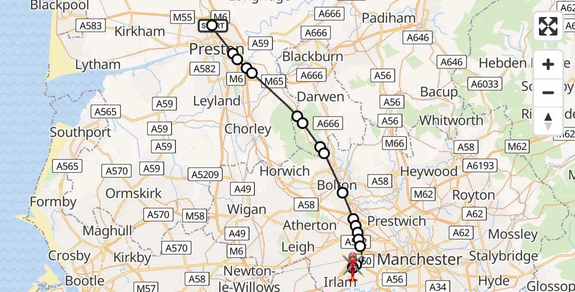 Flight path map showing Air Ambulance Helicopter route from Royal Preston to Irlam