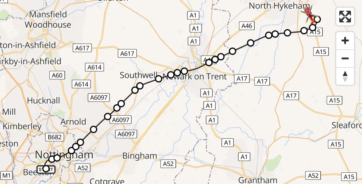 Flight path map showing Air Ambulance Helicopter route from Beeston to North Kesteven