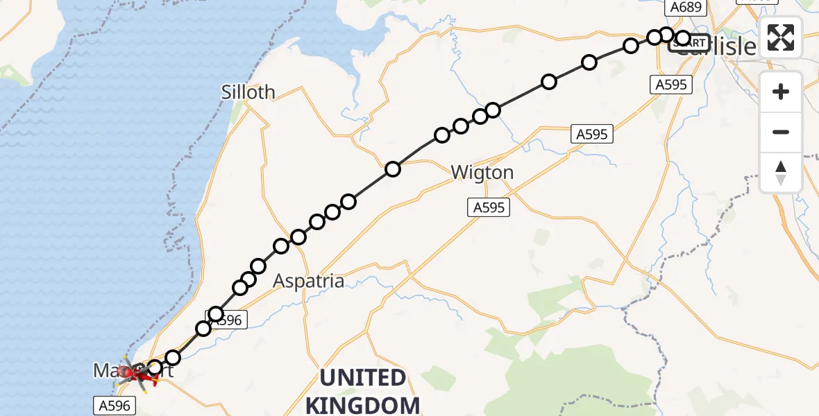 Flight path map showing Air Ambulance Helicopter route from Carlisle General to Maryport