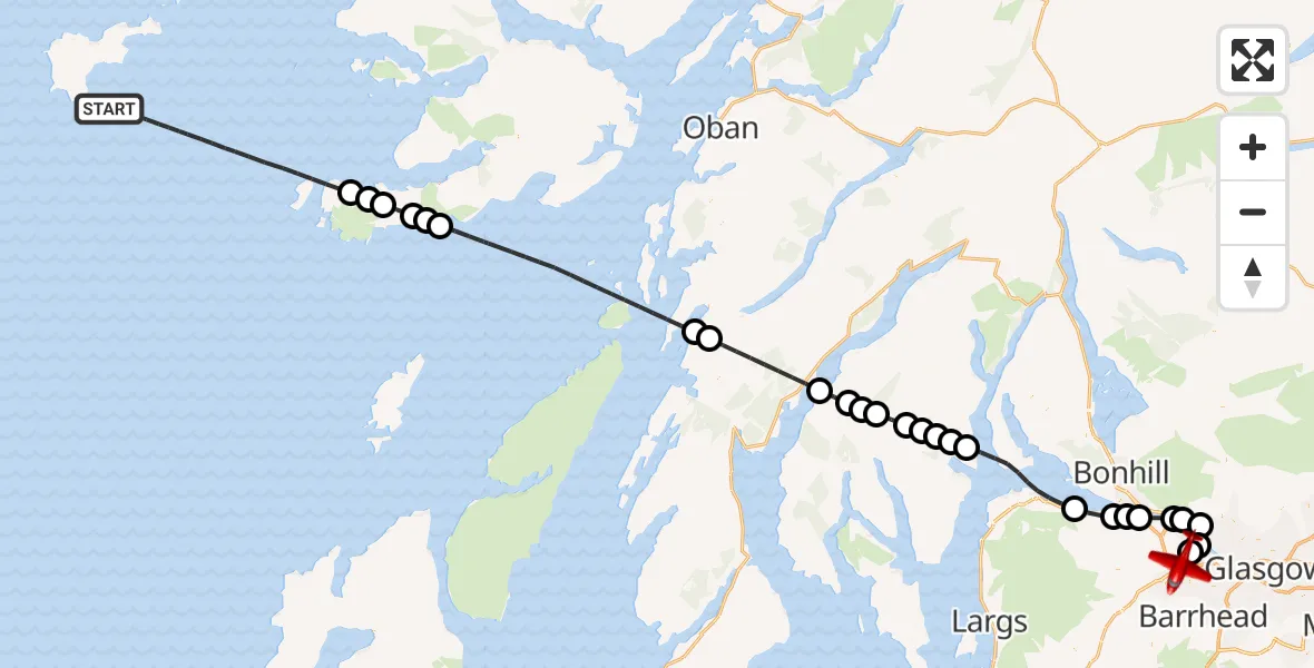 Flight path map showing Air Ambulance Aircraft route from Inner Seas to Glasgow Airport