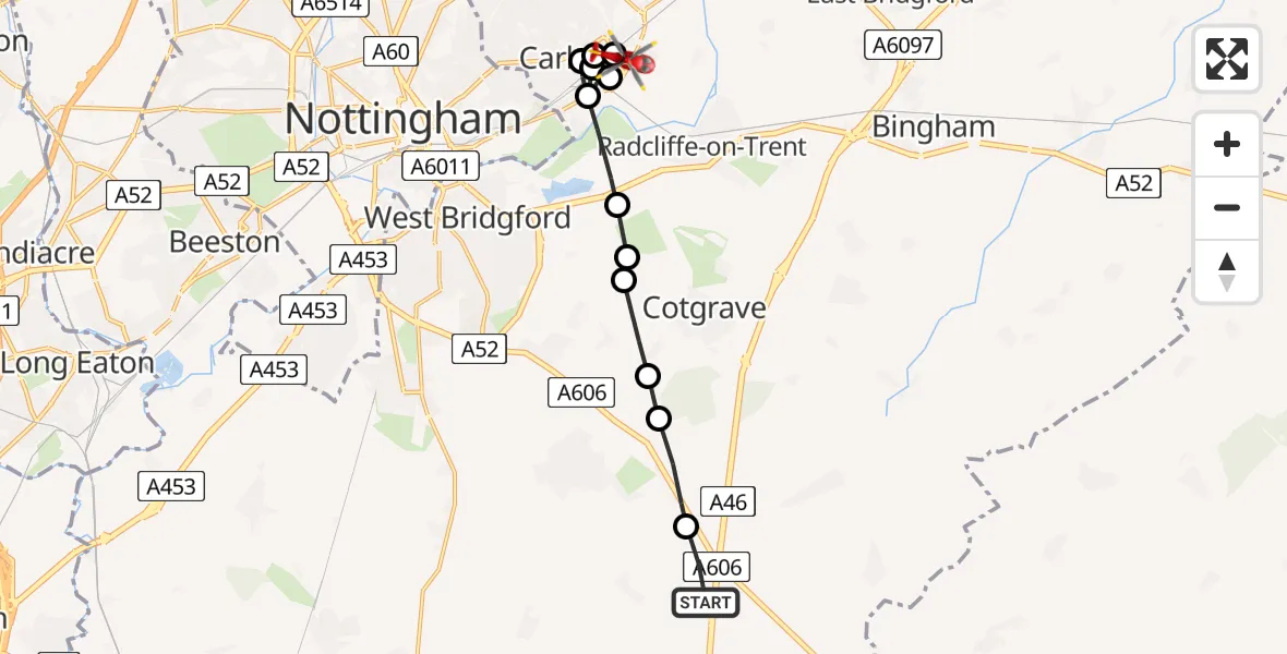 Flight path map showing Air Ambulance Helicopter route from Widmerpool to Netherfield