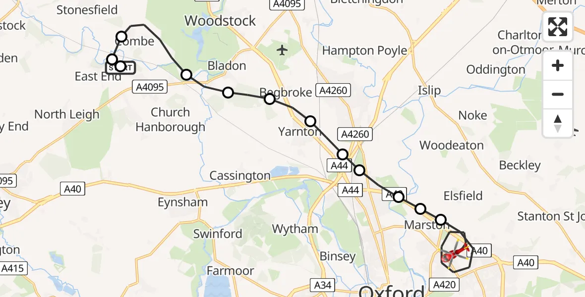 Flight path map showing Air Ambulance Helicopter route from Combe to Oxford