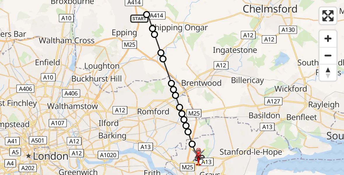 Flight path map showing Air Ambulance Helicopter route from North Weald Airfield to South Ockendon