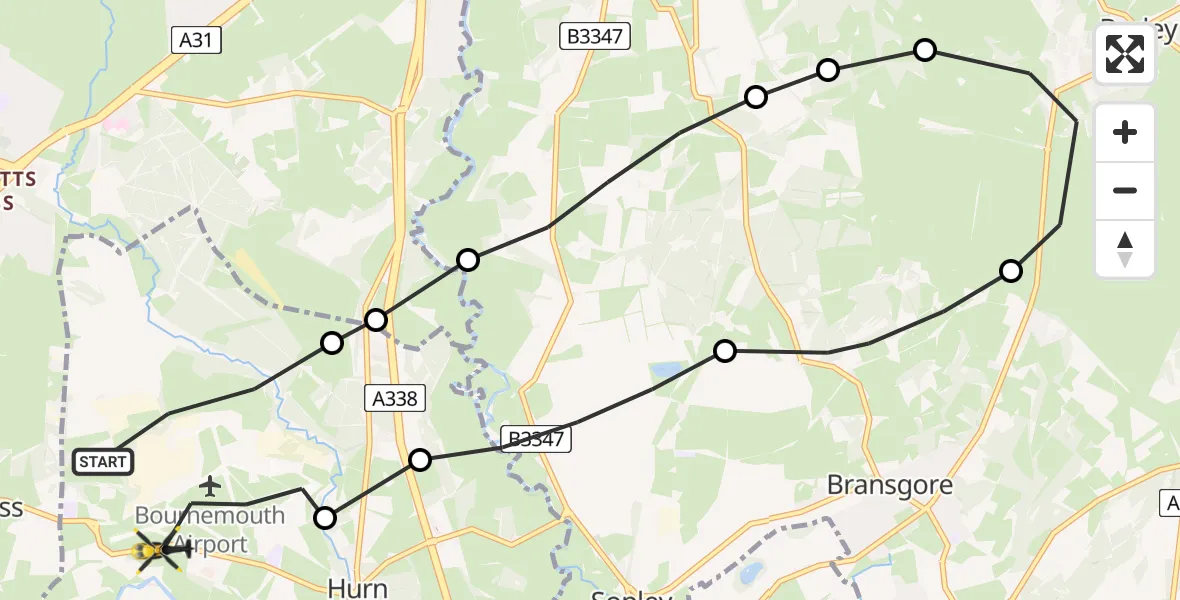 Flight path map showing Police Helicopter route from Bournemouth Airport to Bournemouth Airport