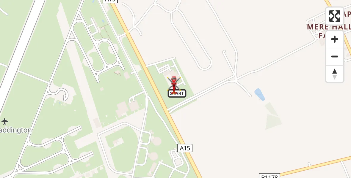 Flight path map showing Air Ambulance Helicopter route from RAF Waddington to North Kesteven