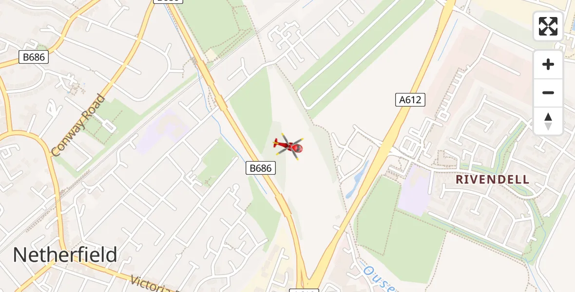 Flight path map showing Air Ambulance Helicopter route from Netherfield to Netherfield